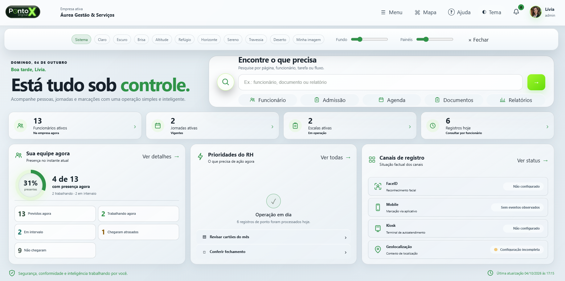 Home do PontoX com barra de temas aberta, busca, indicadores da equipe e canais de registro