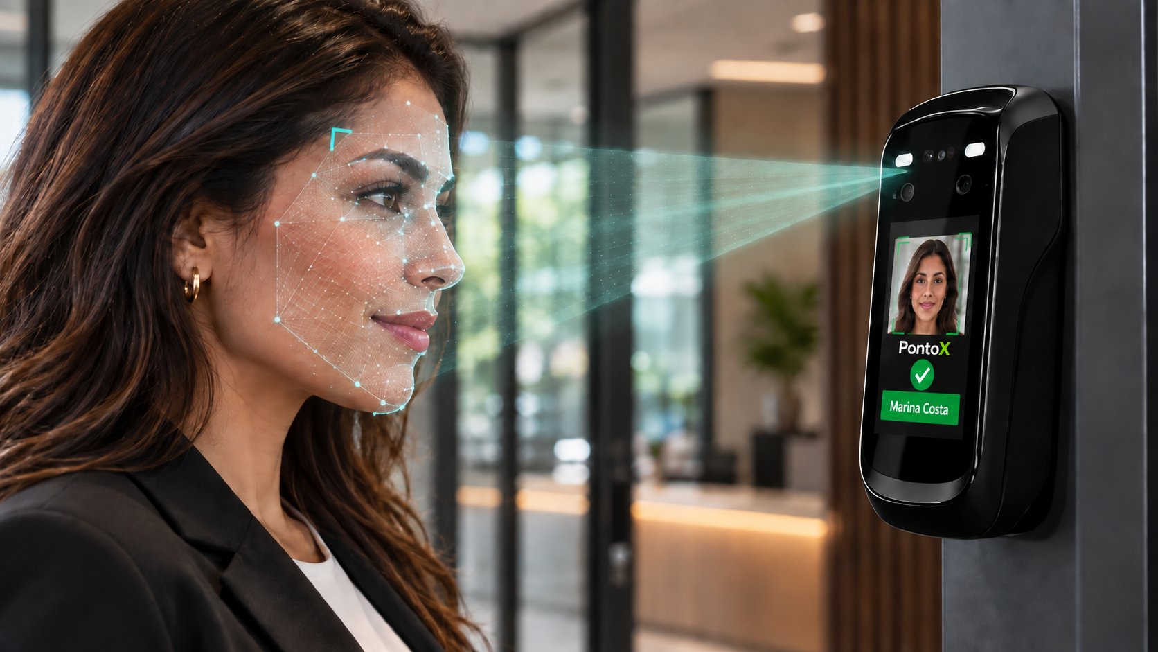 Composição demonstrativa de registro presencial por reconhecimento facial em terminal iDFace